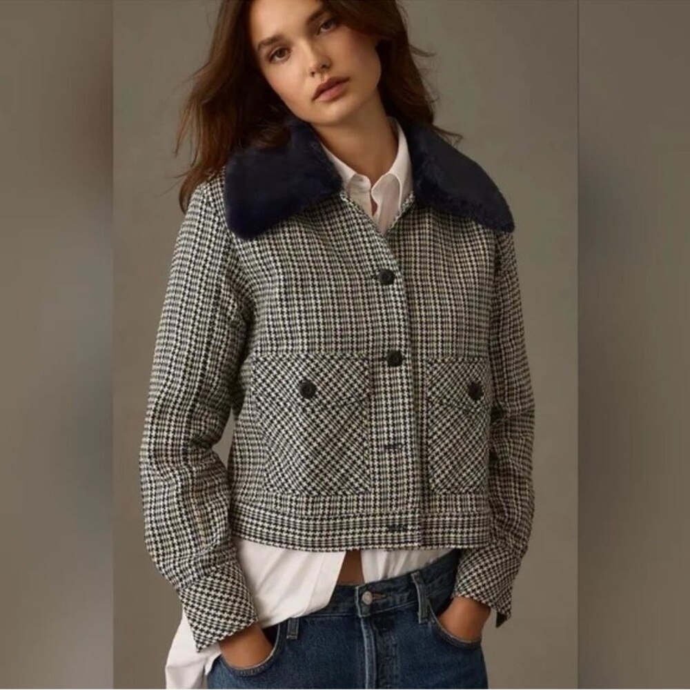 NWOT Anthropologie Maeve Tweed Blue Faux Fur Collar Jacket Size XS